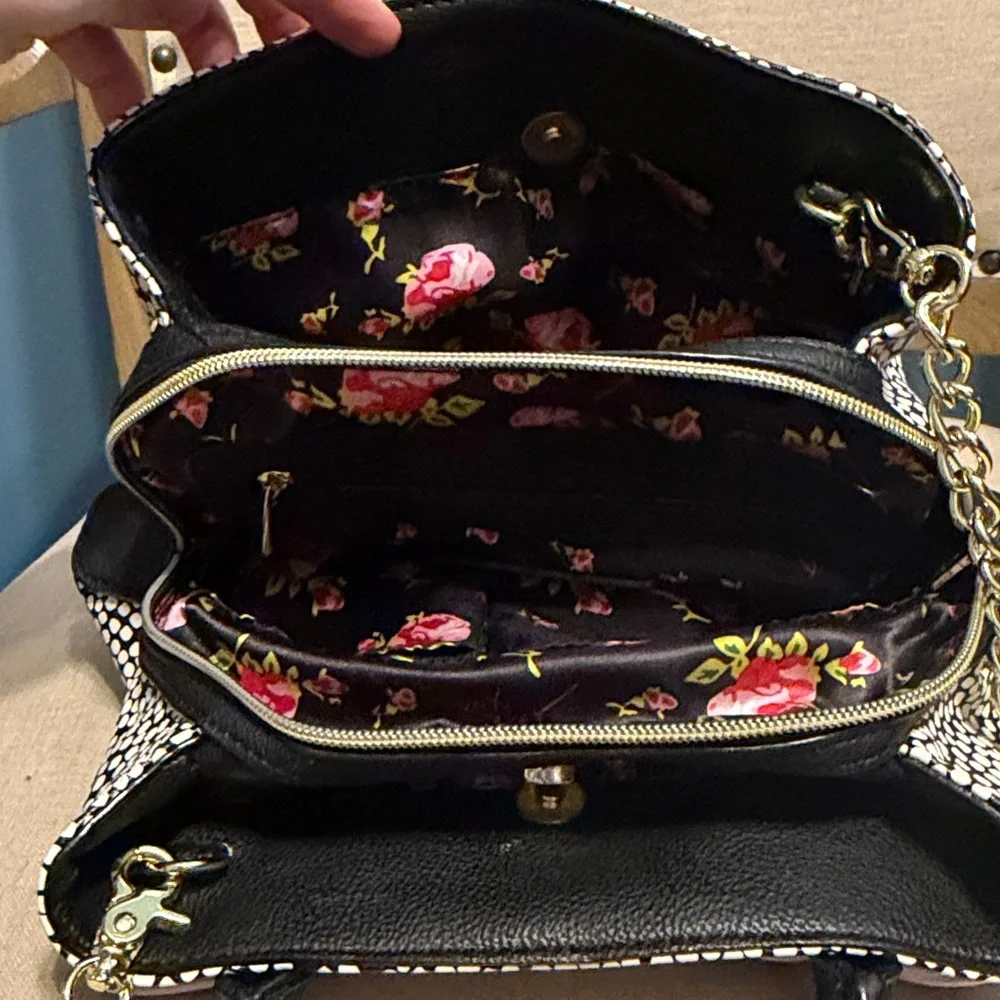 Betsey Johnson Black & White Pebble Satchel with Pink Bow